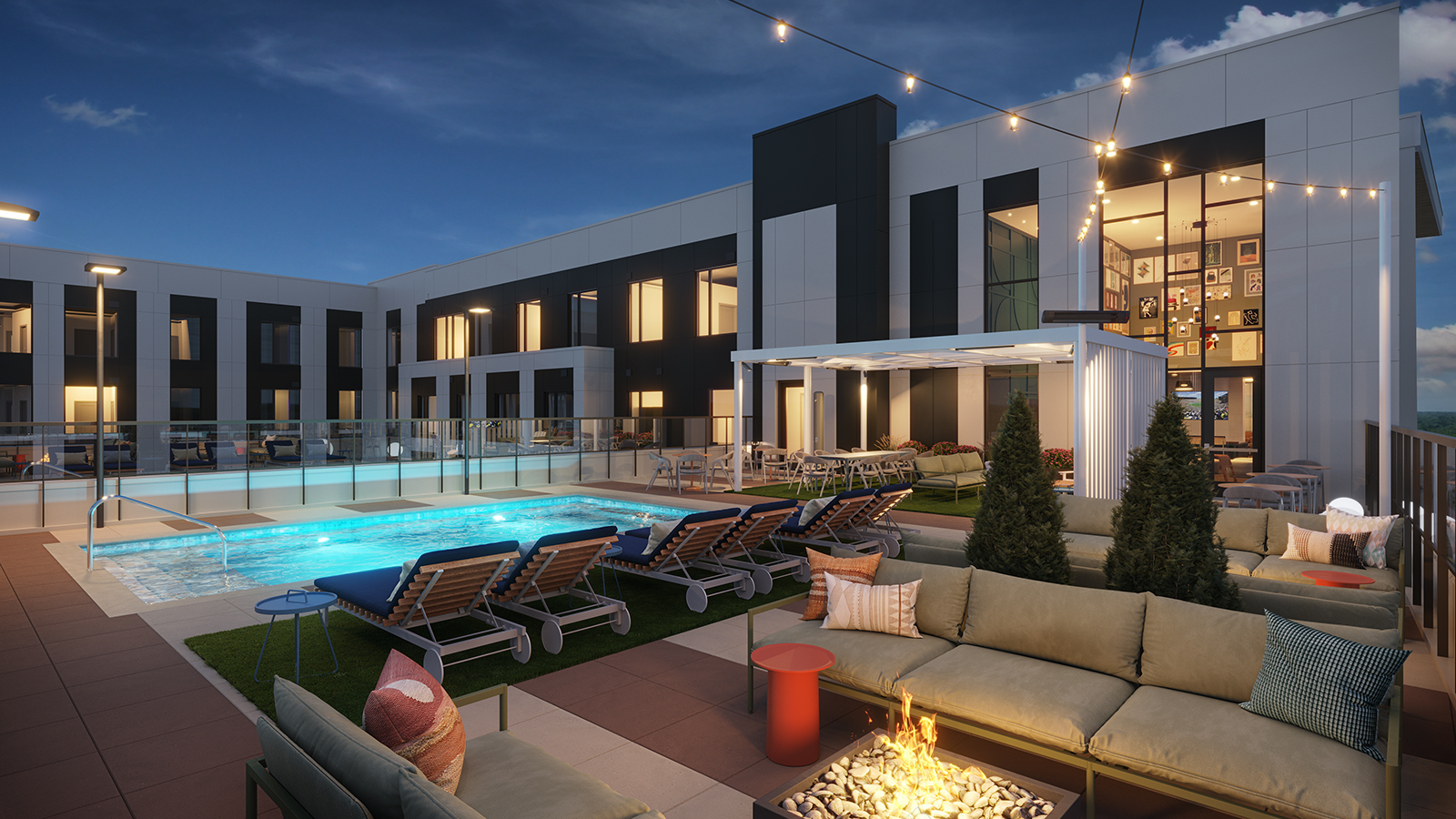 Resort style pool with seating and a firepit